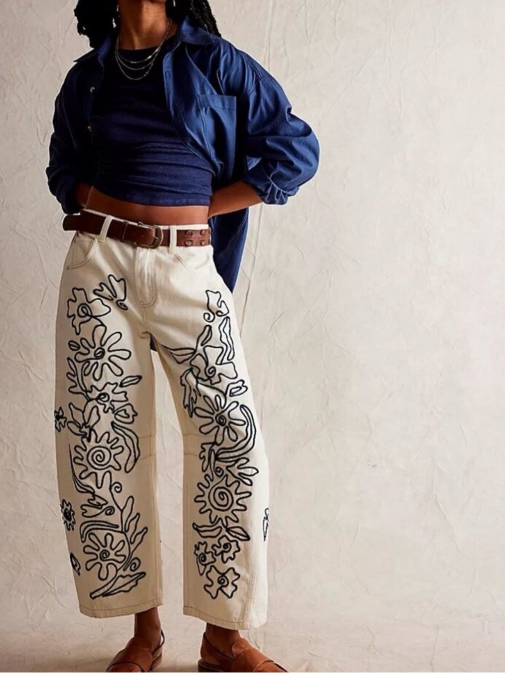 Free People GoodLuck Barrel jeans ivory and navy